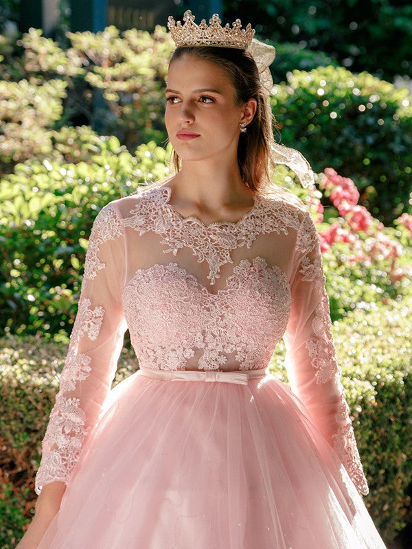 Ball Gown Tulle Scoop Lace Long Sleeves Sweep/Brush Train Dresses