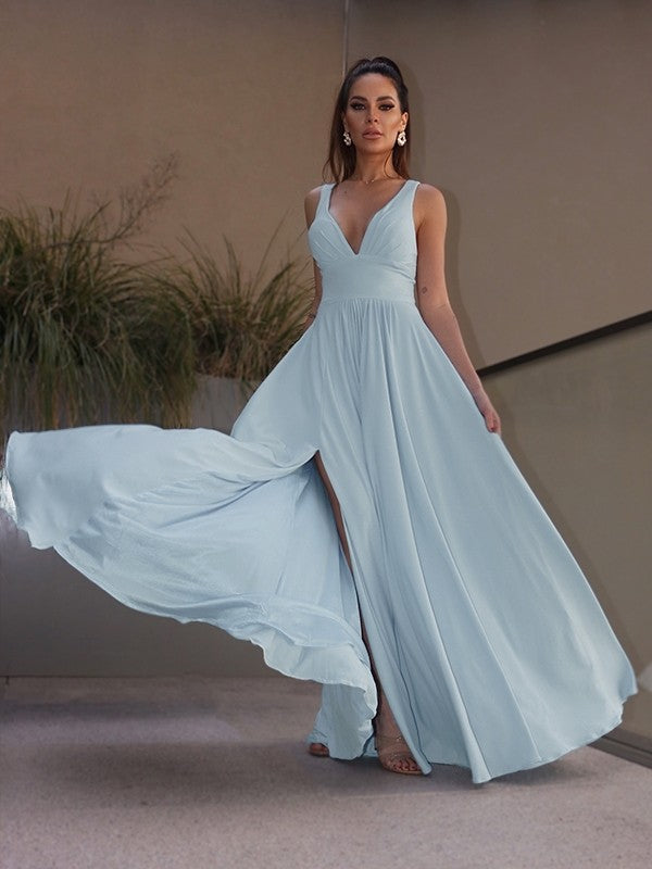 A-Line/Princess Ruffles Jersey V-neck Sleeveless Floor-Length Dresses