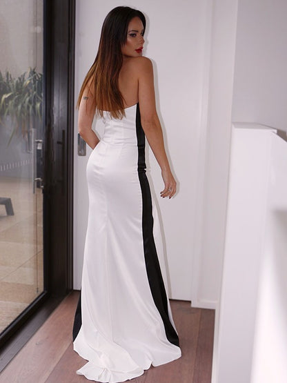 Sheath/Column Elastic Woven Satin Ruched Strapless Sleeveless Sweep/Brush Train Dresses