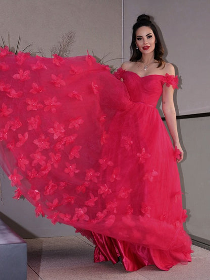 A-Line/Princess Tulle Hand-Made Flower Off-the-Shoulder Sleeveless Floor-Length Dresses