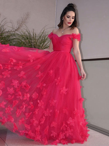 A-Line/Princess Tulle Hand-Made Flower Off-the-Shoulder Sleeveless Floor-Length Dresses