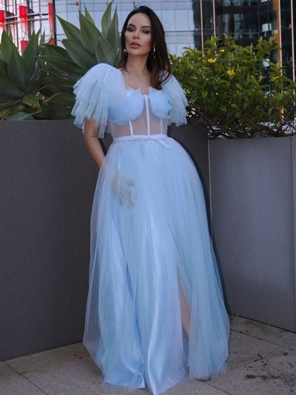 A-Line/Princess Tulle Ruffles Square Short Sleeves Floor-Length Dresses