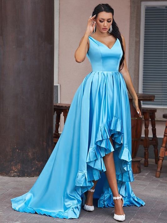 A-Line/Princess Satin Ruffles V-neck Sleeveless Asymmetrical Dresses