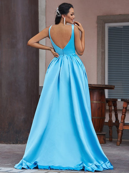 A-Line/Princess Satin Ruffles V-neck Sleeveless Asymmetrical Dresses