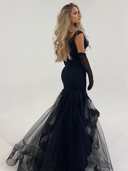 Trumpet/Mermaid Tulle Ruffles Off-the-Shoulder Sleeveless Sweep/Brush Train Dresses