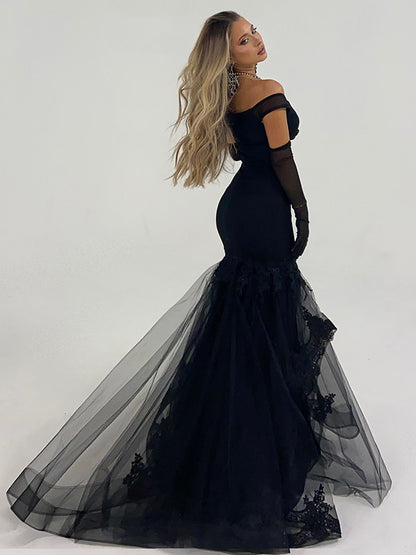 Trumpet/Mermaid Tulle Ruffles Off-the-Shoulder Sleeveless Sweep/Brush Train Dresses