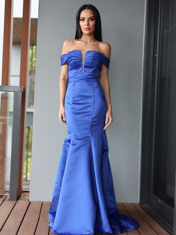 Trumpet/Mermaid Satin Ruffles Off-the-Shoulder Sleeveless Sweep/Brush Train Dresses