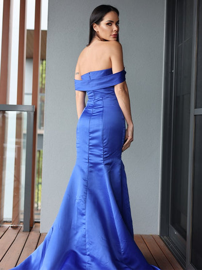 Trumpet/Mermaid Satin Ruffles Off-the-Shoulder Sleeveless Sweep/Brush Train Dresses