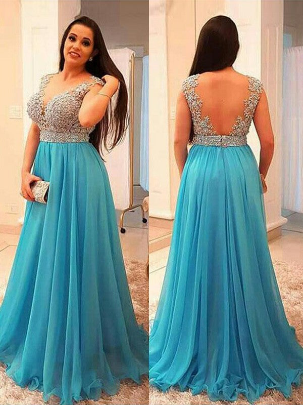 A-Line/Princess V-neck Sleeveless Beading Floor-Length Chiffon Plus Size Dresses