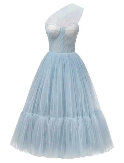 A-Line Prom Dresses Elegant Dress Formal Tea Length Sleeveless One Shoulder Tulle with Pleats