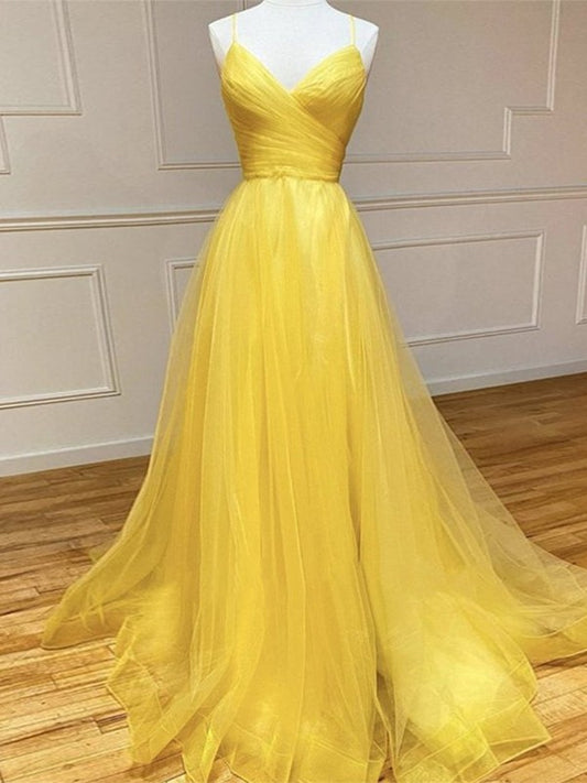 A-Line/Princess Tulle Ruched V-neck Sleeveless Sweep/Brush Train Dresses