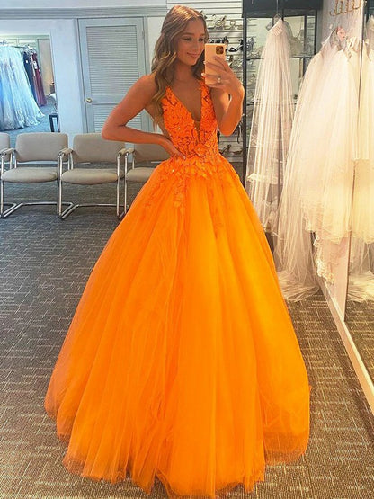 Ball Gown Tulle Applique V-neck Sleeveless Floor-Length Dresses