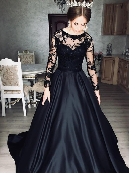 A-Line/Princess Satin Lace Bateau Long Sleeves Sweep/Brush Train Dresses