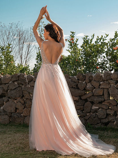 A-Line/Princess Tulle Sequin Straps Sleeveless Sweep/Brush Train Dresses