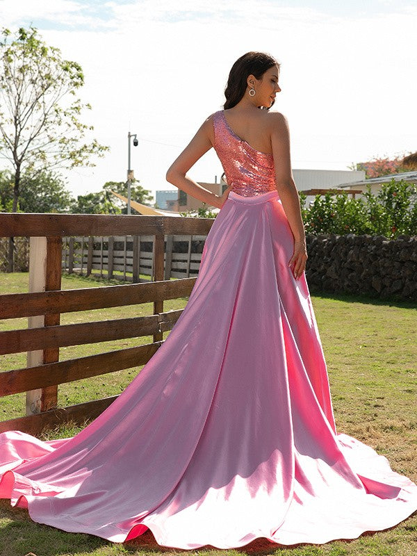 A-Line/Princess Elastic Woven Satin Sequin One-Shoulder Sleeveless Sweep/Brush Train Dresses
