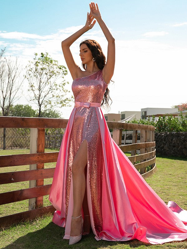 A-Line/Princess Elastic Woven Satin Sequin One-Shoulder Sleeveless Sweep/Brush Train Dresses