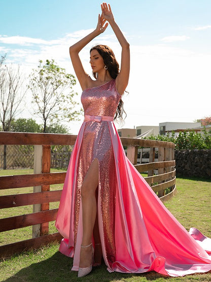 A-Line/Princess Elastic Woven Satin Sequin One-Shoulder Sleeveless Sweep/Brush Train Dresses