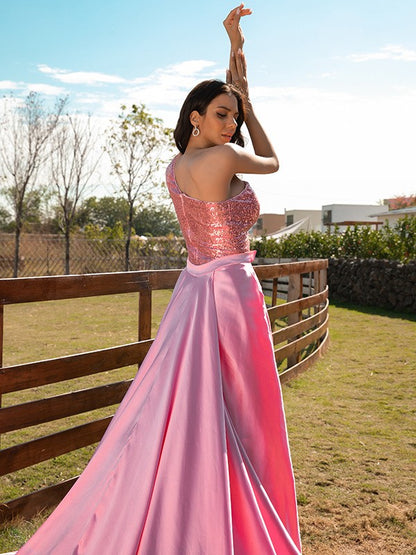 A-Line/Princess Elastic Woven Satin Sequin One-Shoulder Sleeveless Sweep/Brush Train Dresses
