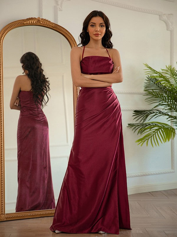 Sheath/Column Elastic Woven Satin Ruched Halter Sleeveless Floor-Length Dresses