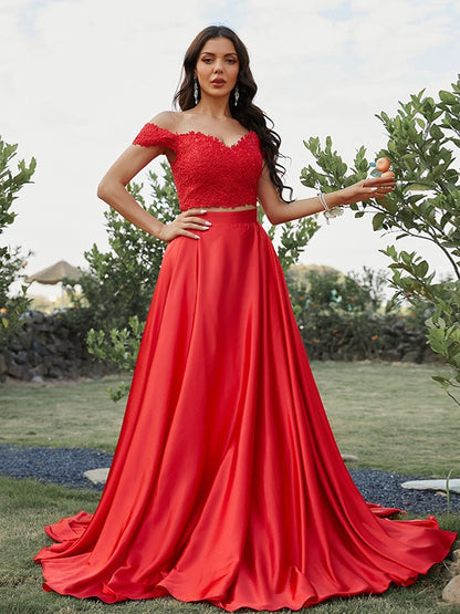 A-Line/Princess Silk like Satin Applique Off-the-Shoulder Sleeveless Sweep/Brush Train Two Piece Dresses