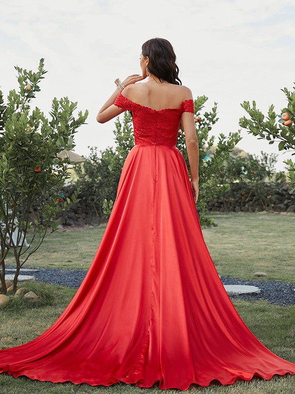 A-Line/Princess Silk like Satin Applique Off-the-Shoulder Sleeveless Sweep/Brush Train Two Piece Dresses