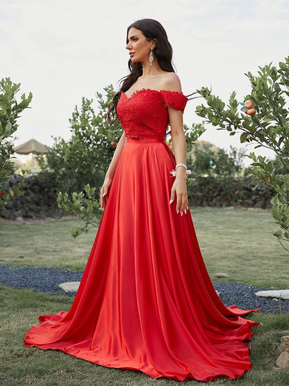 A-Line/Princess Silk like Satin Applique Off-the-Shoulder Sleeveless Sweep/Brush Train Two Piece Dresses