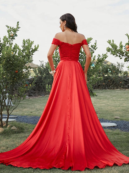 A-Line/Princess Silk like Satin Applique Off-the-Shoulder Sleeveless Sweep/Brush Train Two Piece Dresses