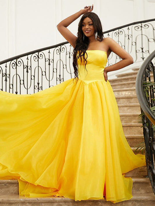 A-Line/Princess Satin Ruffles Strapless Sleeveless Sweep/Brush Train Dresses