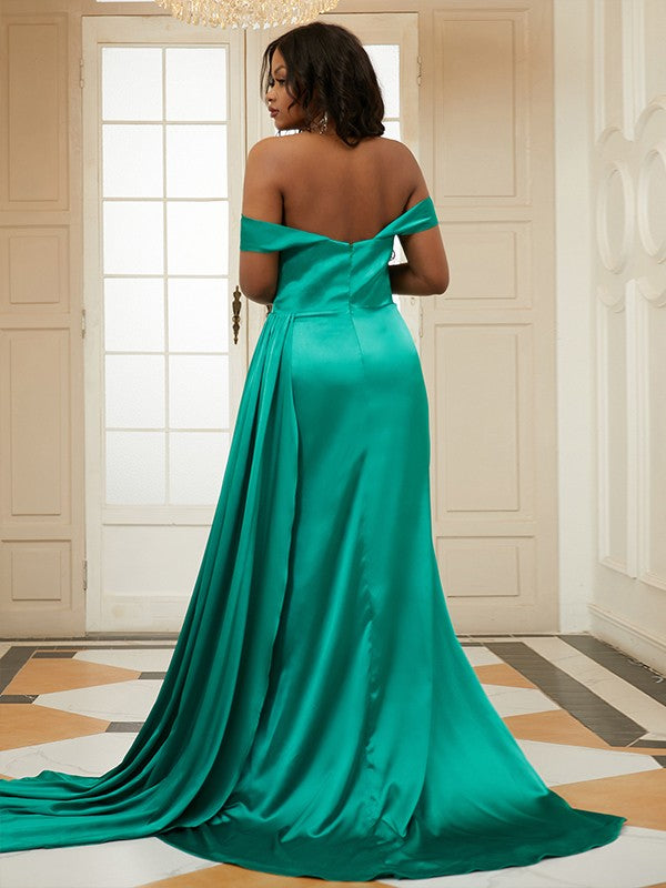 Sheath/Column Silk like Satin Ruffles Off-the-Shoulder Sleeveless Sweep/Brush Train Dresses