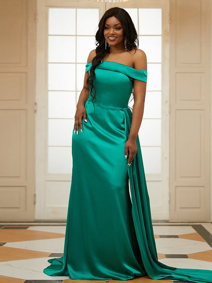 Sheath/Column Silk like Satin Ruffles Off-the-Shoulder Sleeveless Sweep/Brush Train Dresses