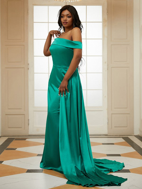 Sheath/Column Silk like Satin Ruffles Off-the-Shoulder Sleeveless Sweep/Brush Train Dresses