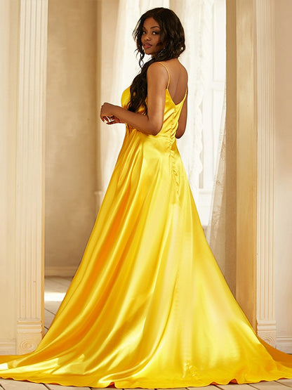 A-Line/Princess Silk like Satin Ruched V-neck Sleeveless Sweep/Brush Train Dresses