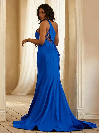 Sheath/Column Jersey Ruffles One-Shoulder Sleeveless Sweep/Brush Train Dresses