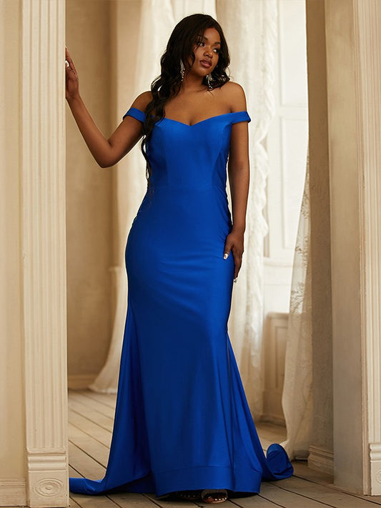 Sheath/Column Jersey Ruffles Off-the-Shoulder Sleeveless Sweep/Brush Train Dresses