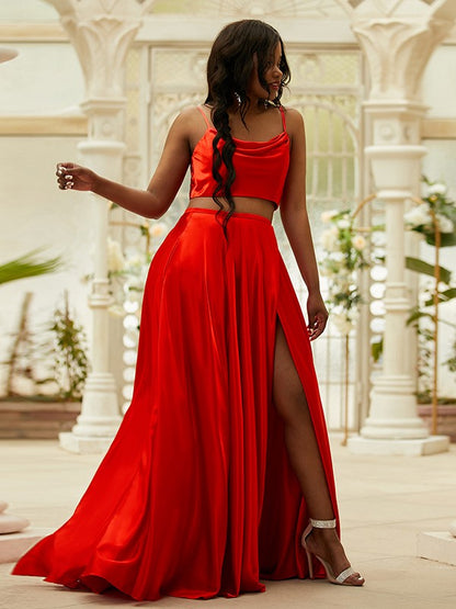 A-Line/Princess Silk like Satin Ruffles Spaghetti Straps Sleeveless Sweep/Brush Train Two Piece Dresses