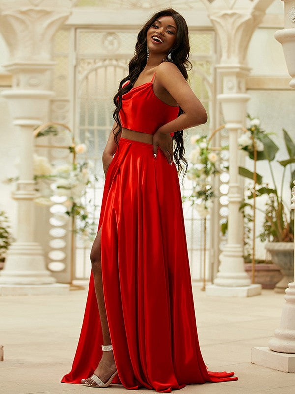 A-Line/Princess Silk like Satin Ruffles Spaghetti Straps Sleeveless Sweep/Brush Train Two Piece Dresses