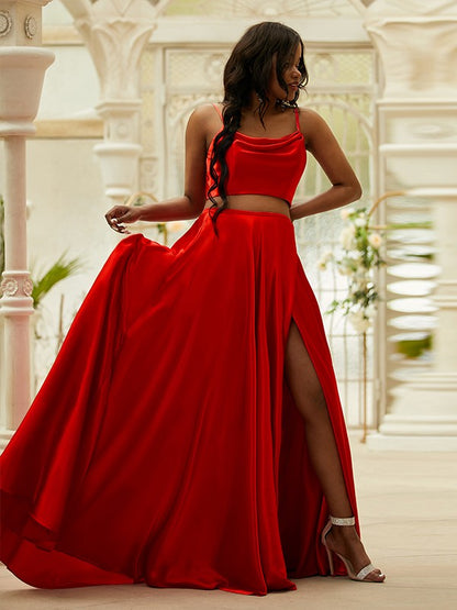 A-Line/Princess Silk like Satin Ruffles Spaghetti Straps Sleeveless Sweep/Brush Train Two Piece Dresses