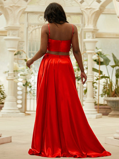 A-Line/Princess Silk like Satin Ruffles Spaghetti Straps Sleeveless Sweep/Brush Train Two Piece Dresses