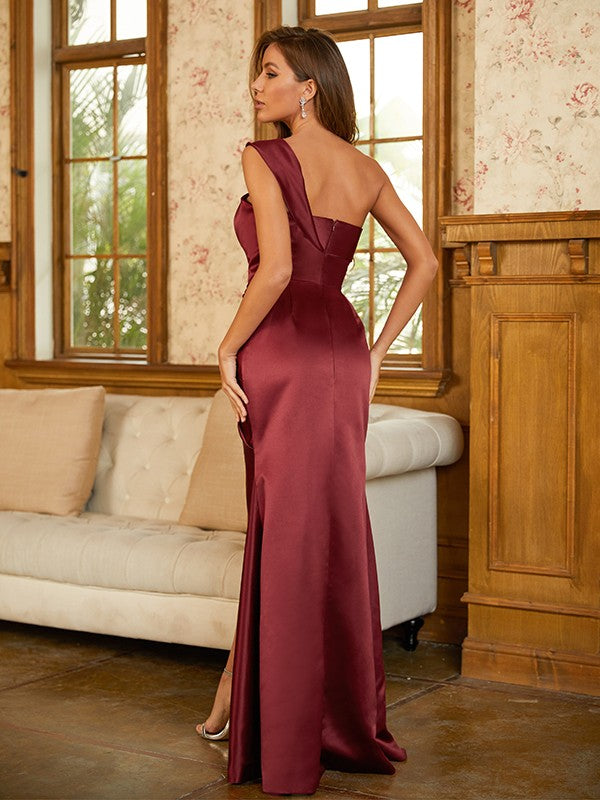 Sheath/Column Elastic Woven Satin Ruched One-Shoulder Sleeveless Floor-Length Dresses