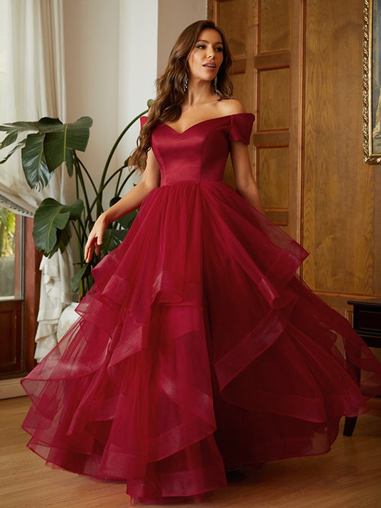 Save A-Line/Princess Tulle Ruffles Off-the-Shoulder Sleeveless Floor-Length Dresses