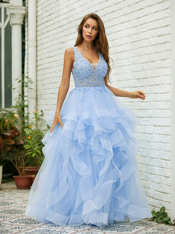 Save A-Line/Princess Tulle Lace V-neck Sleeveless Floor-Length Dresses