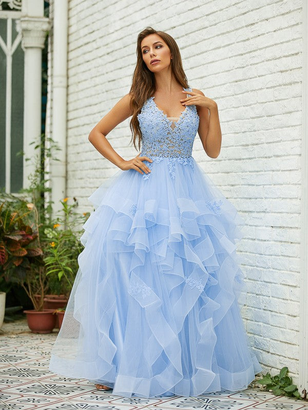 Save A-Line/Princess Tulle Lace V-neck Sleeveless Floor-Length Dresses