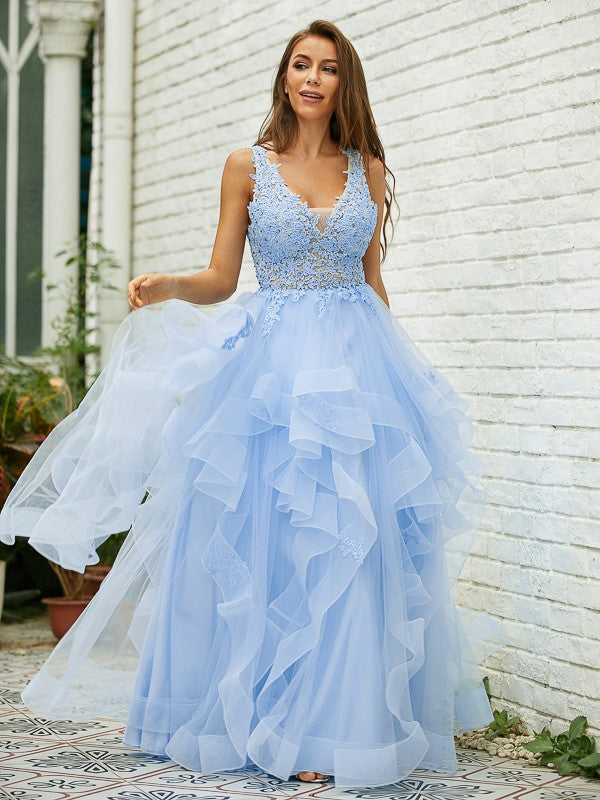 Save A-Line/Princess Tulle Lace V-neck Sleeveless Floor-Length Dresses