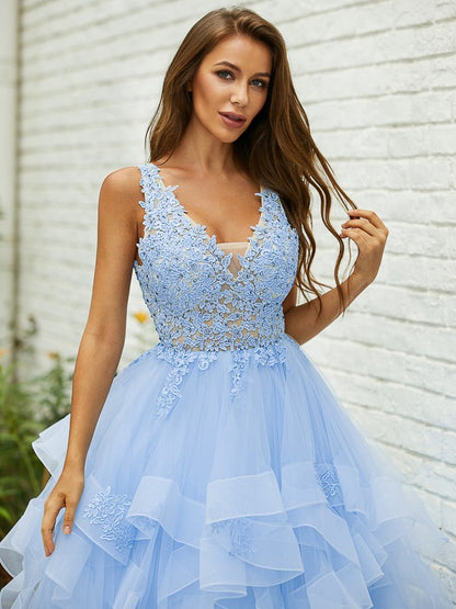 Save A-Line/Princess Tulle Lace V-neck Sleeveless Floor-Length Dresses