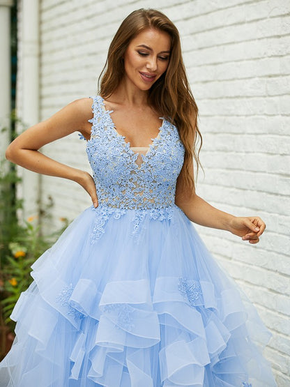 Save A-Line/Princess Tulle Lace V-neck Sleeveless Floor-Length Dresses