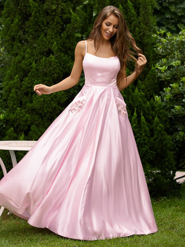 A-Line/Princess Satin Applique Spaghetti Straps Sleeveless Floor-Length Dresses