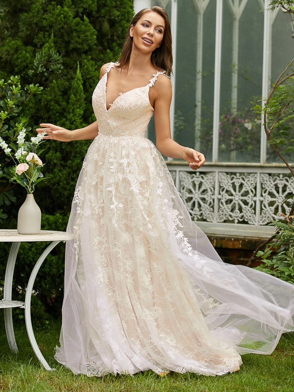 A-Line/Princess Tulle Lace V-neck Sleeveless Sweep/Brush Train Dresses