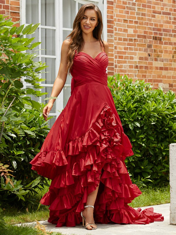 A-Line/Princess Taffeta Layers V-neck Sleeveless Asymmetrical Dresses