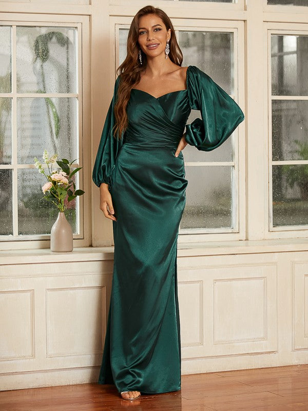 Sheath/Column Silk like Satin Ruched V-neck Long Sleeves Floor-Length Dresses