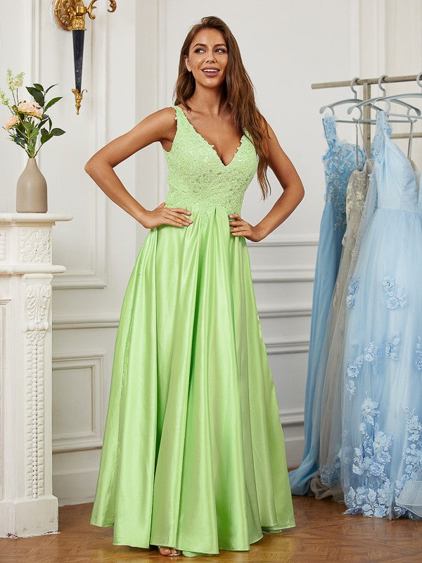 A-Line/Princess Elastic Woven Satin Lace V-neck Sleeveless Floor-Length Dresses